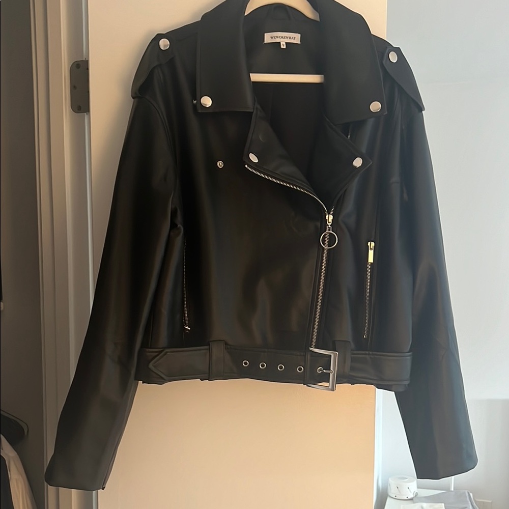 WeWoreWhat Black Leather Moto Jacket Asymmetrical Zipper